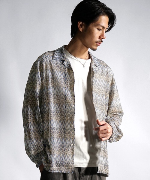 バルファレース長袖総柄シャツ メンズ ルーズシルエット シアー