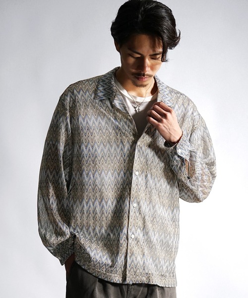 メンズ 総柄シャツ 長袖シャツ ルーズ ダメージ風 羽織り G00148 バルファレース長袖総柄シャツ メンズ ルーズシルエット シアー