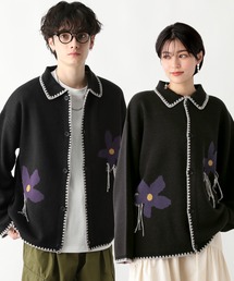 フラワーデザイン/ステッチニットルーズカーディガン