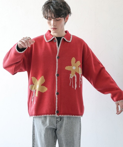 RAGEBLUE(レイジブルー)の「フラワーデザイン/ステッチニットルーズカーディガン(カーディガン/ボレロ・メンズ・レッド/ブラック/ライトブルー・MEDIUM/LARGE)」の8枚目の写真