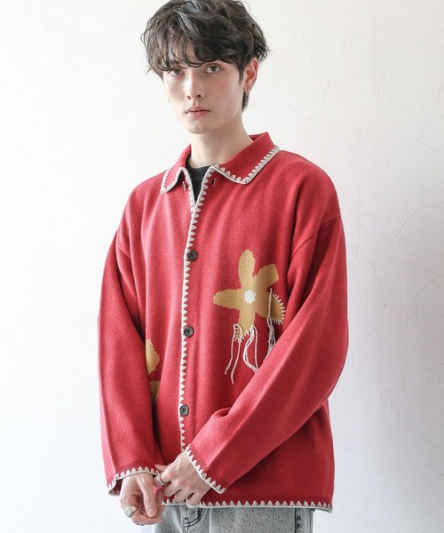 RAGEBLUE(レイジブルー)の「フラワーデザイン/ステッチニットルーズカーディガン(カーディガン/ボレロ・メンズ・レッド/ブラック/ライトブルー・MEDIUM/LARGE)」の7枚目の写真