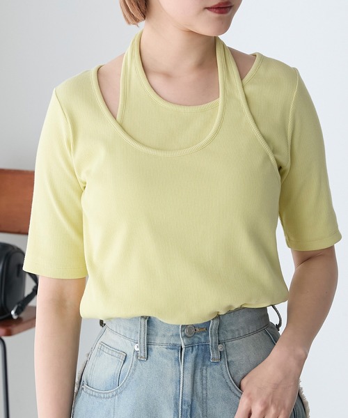 forksy.(フォルクシー)の「【forksy.】テレコアシンメトリー半袖Tシャツ(Tシャツ/カットソー・レディース・イエロー/スミクロ/アイボリー/ラベンダー・FREE)」の4枚目の写真