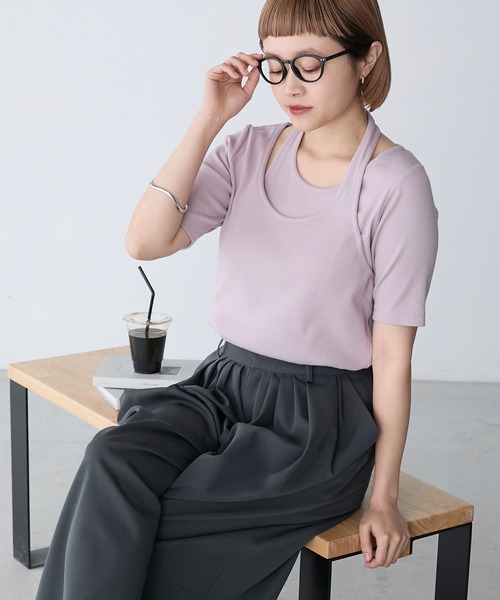 forksy.(フォルクシー)の「【forksy.】テレコアシンメトリー半袖Tシャツ(Tシャツ/カットソー・レディース・イエロー/スミクロ/アイボリー/ラベンダー・FREE)」の6枚目の写真