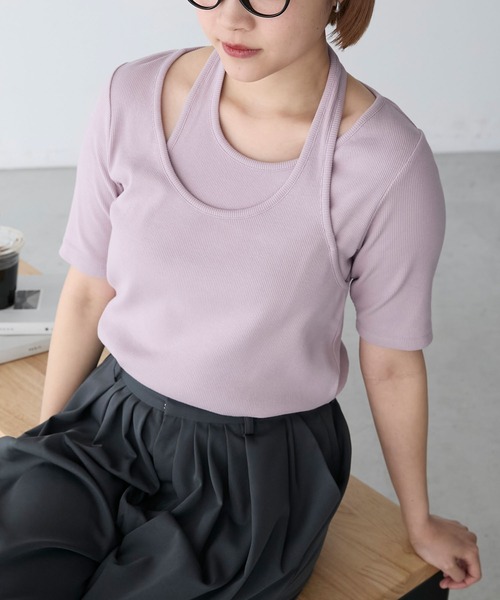 forksy.(フォルクシー)の「【forksy.】テレコアシンメトリー半袖Tシャツ(Tシャツ/カットソー・レディース・イエロー/スミクロ/アイボリー/ラベンダー・FREE)」の7枚目の写真