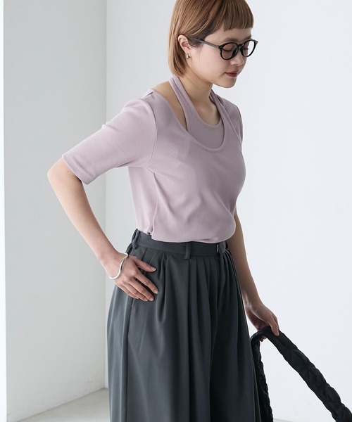 forksy.(フォルクシー)の「【forksy.】テレコアシンメトリー半袖Tシャツ(Tシャツ/カットソー・レディース・イエロー/スミクロ/アイボリー/ラベンダー・FREE)」の9枚目の写真