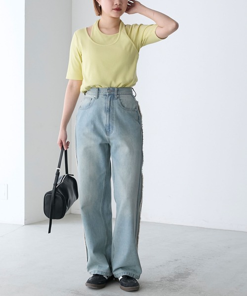 forksy.(フォルクシー)の「【forksy.】テレコアシンメトリー半袖Tシャツ(Tシャツ/カットソー・レディース・イエロー/スミクロ/アイボリー/ラベンダー・FREE)」の22枚目の写真