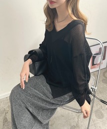 メッシュ編みVネック袖ドロストプルオーバー
