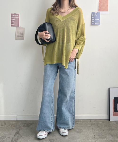 Futier land（フューティアランド）の「メッシュ編みVネック袖ドロストプルオーバー（ニット/セーター・レディース・ブラック/チャコールグレー/グリーン系その他・FREE）」の22枚目の写真