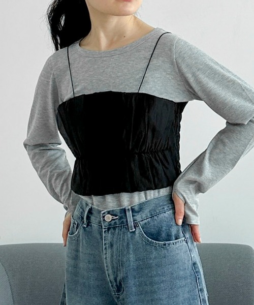 feepur by saya(フェピュールバイサヤ)の「ギャザービスチェsetリブロンTee(Tシャツ/カットソー・レディース・グレー/ブラック/グリーン/オフホワイト・MEDIUM)」の3枚目の写真