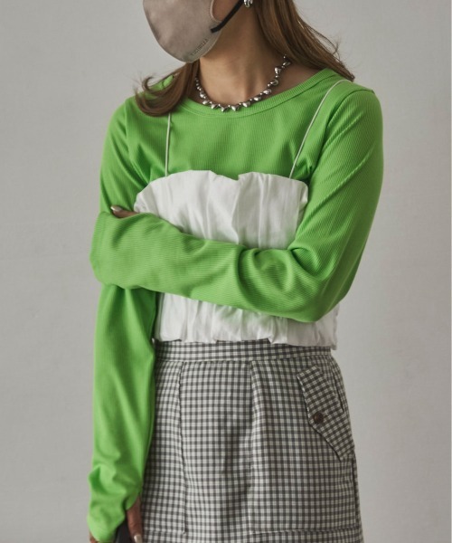 feepur by saya(フェピュールバイサヤ)の「ギャザービスチェsetリブロンTee(Tシャツ/カットソー・レディース・グレー/ブラック/グリーン/オフホワイト・MEDIUM)」の4枚目の写真