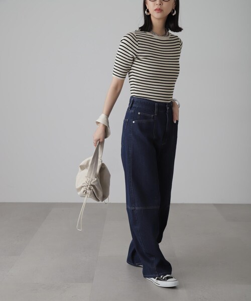 FREE'S MART（フリーズマート）の「◆［洗える］マシンウォッシャブル前後2WAY5分袖リブニット（ニット/セーター・レディース・イエロー/ホワイト/ピンク/ホワイト系その他/ブラック・FREE）」の7枚目の写真