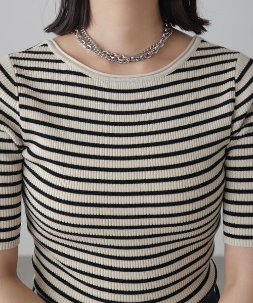 FREE'S MART（フリーズマート）の「◆［洗える］マシンウォッシャブル前後2WAY5分袖リブニット（ニット/セーター・レディース・イエロー/ホワイト/ピンク/ホワイト系その他/ブラック・FREE）」の10枚目の写真