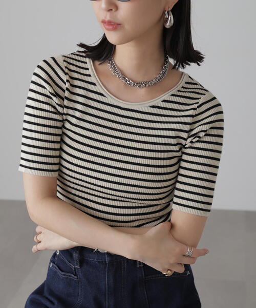 FREE'S MART（フリーズマート）の「◆［洗える］マシンウォッシャブル前後2WAY5分袖リブニット（ニット/セーター・レディース・イエロー/ホワイト/ピンク/ホワイト系その他/ブラック・FREE）」の12枚目の写真