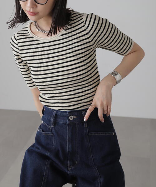 FREE'S MART（フリーズマート）の「◆［洗える］マシンウォッシャブル前後2WAY5分袖リブニット（ニット/セーター・レディース・イエロー/ホワイト/ピンク/ホワイト系その他/ブラック・FREE）」の14枚目の写真