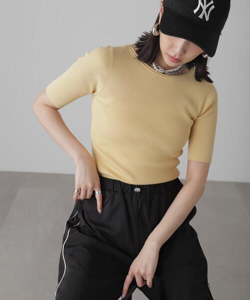 FREE'S MART（フリーズマート）の「◆［洗える］マシンウォッシャブル前後2WAY5分袖リブニット（ニット/セーター・レディース・イエロー/ホワイト/ピンク/ホワイト系その他/ブラック・FREE）」の21枚目の写真