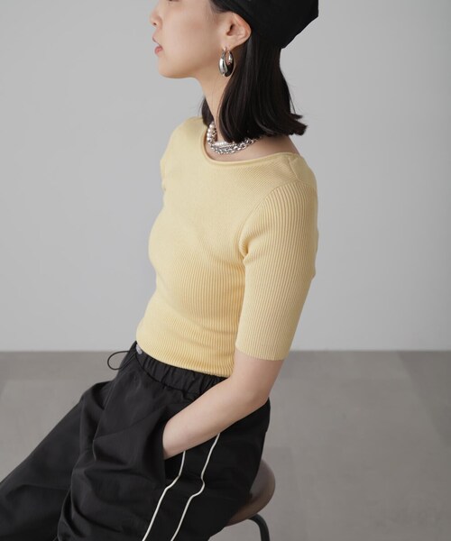 FREE'S MART（フリーズマート）の「◆［洗える］マシンウォッシャブル前後2WAY5分袖リブニット（ニット/セーター・レディース・イエロー/ホワイト/ピンク/ホワイト系その他/ブラック・FREE）」の22枚目の写真