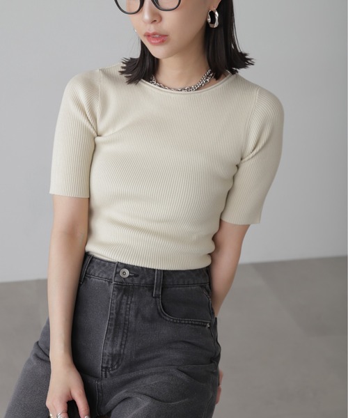 FREE'S MART（フリーズマート）の「◆［洗える］マシンウォッシャブル前後2WAY5分袖リブニット（ニット/セーター・レディース・イエロー/ホワイト/ピンク/ホワイト系その他/ブラック・FREE）」の2枚目の写真