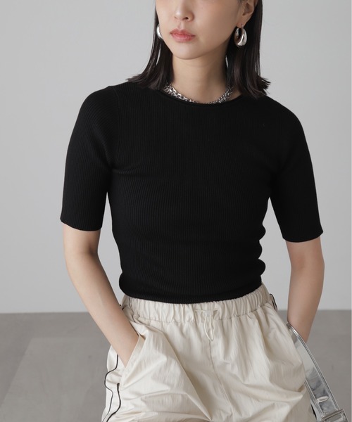 FREE'S MART（フリーズマート）の「◆［洗える］マシンウォッシャブル前後2WAY5分袖リブニット（ニット/セーター・レディース・イエロー/ホワイト/ピンク/ホワイト系その他/ブラック・FREE）」の4枚目の写真