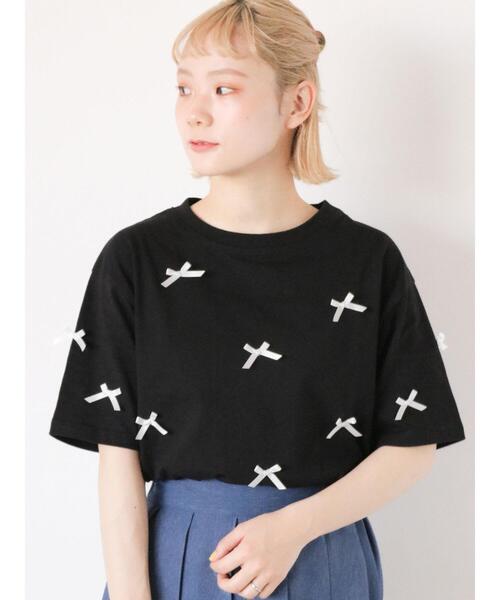 ehka sopo(エヘカソポ)の「リボンTシャツ(Tシャツ/カットソー・レディース・サックスブルー/ブラック/オフホワイト・F)」の3枚目の写真