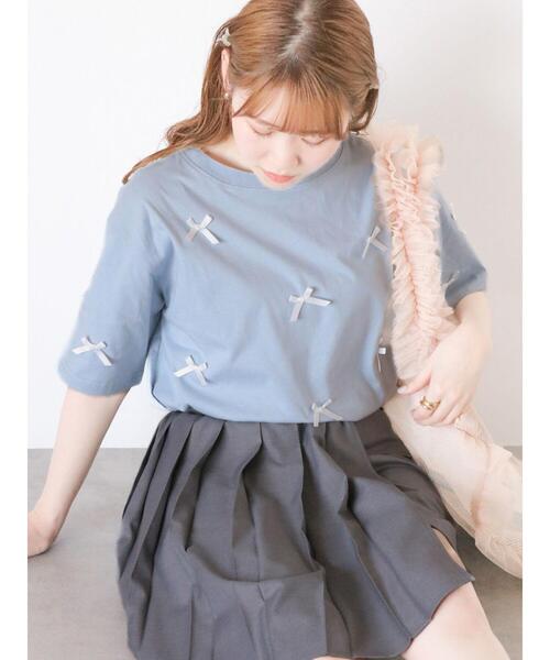 ehka sopo(エヘカソポ)の「リボンTシャツ(Tシャツ/カットソー・レディース・サックスブルー/ブラック/オフホワイト・F)」の4枚目の写真
