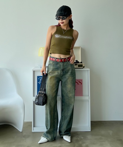 SHAGGIE（シャギー）の「ラインストーン付ピグメントアメスリタンクトップ（タンクトップ・レディース・ブルー/カーキ/ブラウン・FREE）」の7枚目の写真