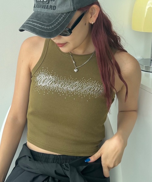 SHAGGIE（シャギー）の「ラインストーン付ピグメントアメスリタンクトップ（タンクトップ・レディース・ブルー/カーキ/ブラウン・FREE）」の6枚目の写真