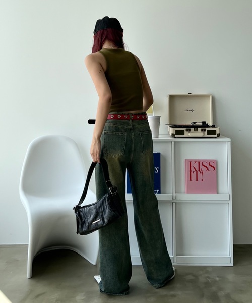 SHAGGIE（シャギー）の「ラインストーン付ピグメントアメスリタンクトップ（タンクトップ・レディース・ブルー/カーキ/ブラウン・FREE）」の9枚目の写真