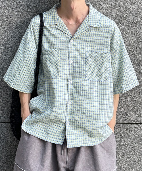 Perushu(ペルーシュ)の「シアサッカーチェック開襟シャツ(シャツ/ブラウス・メンズ・ライトブルー/ネイビー/オフホワイト・MEDIUM/LARGE)」の1枚目の写真