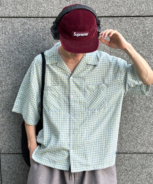 Perushu(ペルーシュ)の「シアサッカーチェック開襟シャツ(シャツ/ブラウス・メンズ・ライトブルー/ネイビー/オフホワイト・MEDIUM/LARGE)」の5枚目の写真