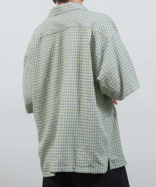 Perushu(ペルーシュ)の「シアサッカーチェック開襟シャツ(シャツ/ブラウス・メンズ・ライトブルー/ネイビー/オフホワイト・MEDIUM/LARGE)」の16枚目の写真