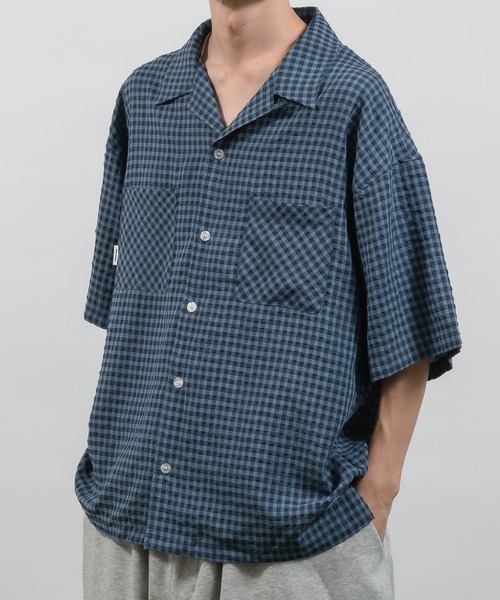 セール】シアサッカーチェック開襟シャツ（シャツ/ブラウス