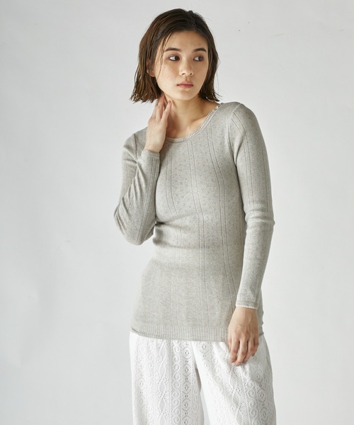 PALM(パーム)の「PALM ORGANIC CREW WITH CUP LONG SLEEVE TOP(Tシャツ/カットソー・レディース・ライトグレー/ライトパープル/キナリ/グレイッシュベージュ・FREE)」の1枚目の写真