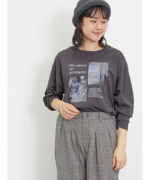 Samansa Mos2（サマンサ モスモス）の「ネコ転写プリントカットソー（Tシャツ/カットソー・レディース・オフホワイト/チャコールグレー/グレー・F）」の6枚目の写真