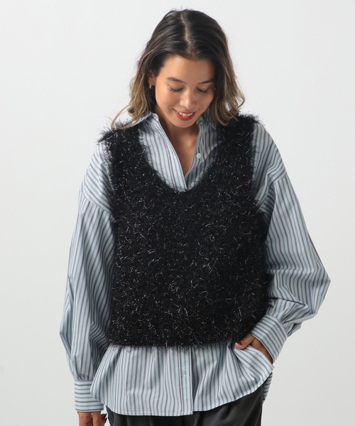 新品 Russeluno ラメ フード ベスト エンブレム ファー ブラウン L