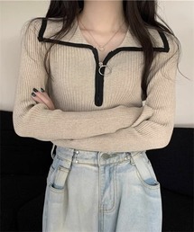 ハーフジップリブニット
