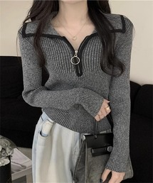 ハーフジップリブニット