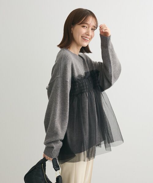 Green　Parks（グリーンパークス）の「・ANDSEARCH チュールレイヤードニット（ニット/セーター・レディース・ライトグレー/ピンク/チャコールグレー・FREE）」の5枚目の写真