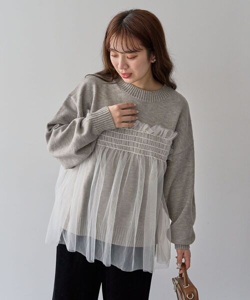 Green　Parks（グリーンパークス）の「・ANDSEARCH チュールレイヤードニット（ニット/セーター・レディース・ライトグレー/ピンク/チャコールグレー・FREE）」の13枚目の写真