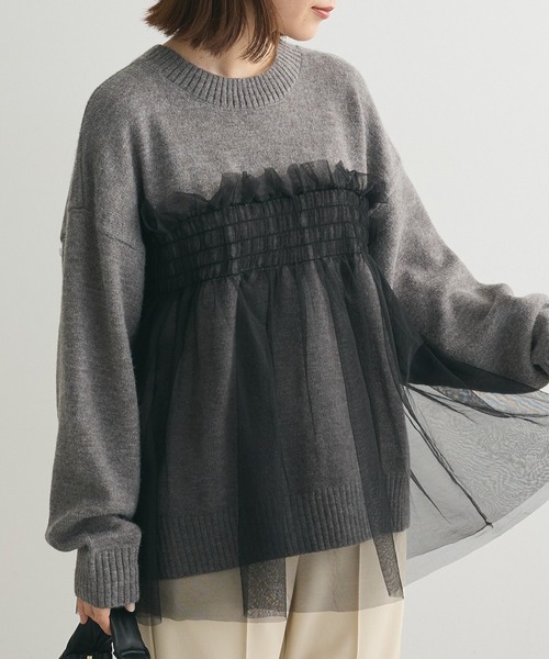 Green　Parks（グリーンパークス）の「・ANDSEARCH チュールレイヤードニット（ニット/セーター・レディース・ライトグレー/ピンク/チャコールグレー・FREE）」の2枚目の写真