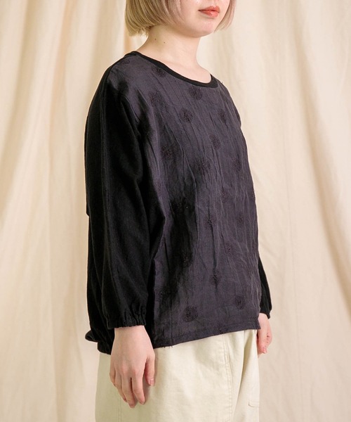 tシャツ 「prit」 綿麻ムラ糸天竺×リネンガーベラ刺繍 切替コクーンPO レディース セール】[prit] 綿麻ムラ糸天竺×リネンガーベラ刺繍 切替