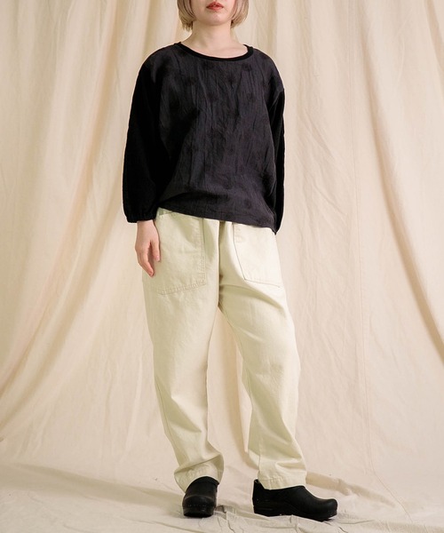 tシャツ 「prit」 綿麻ムラ糸天竺×リネンガーベラ刺繍 切替コクーンPO レディース セール】[prit] 綿麻ムラ糸天竺×リネンガーベラ刺繍 切替