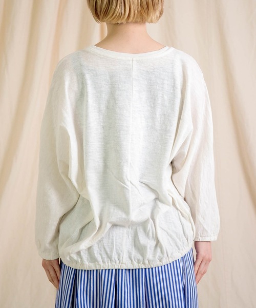 tシャツ 「prit」 綿麻ムラ糸天竺×リネンガーベラ刺繍 切替コクーンPO レディース セール】[prit] 綿麻ムラ糸天竺×リネンガーベラ刺繍 切替