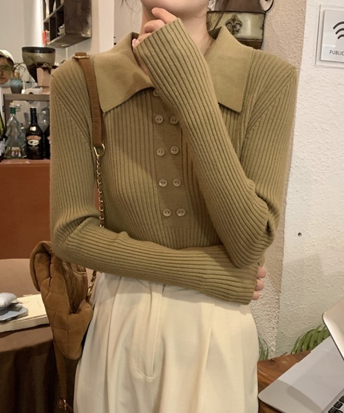 ECLIN(エクラン)の「ダブルボタンポロニットプルオーバー(ニット/セーター・レディース・ブラウン/ベージュ/カーキ/ブラック/アイボリー/モカ・FREE)」の12枚目の写真