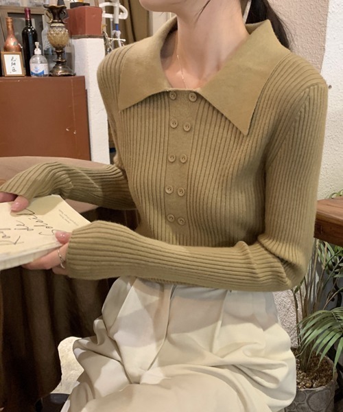 ECLIN(エクラン)の「ダブルボタンポロニットプルオーバー(ニット/セーター・レディース・ブラウン/ベージュ/カーキ/ブラック/アイボリー/モカ・FREE)」の17枚目の写真