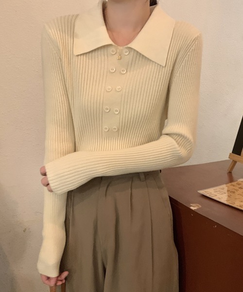 ECLIN(エクラン)の「ダブルボタンポロニットプルオーバー(ニット/セーター・レディース・ブラウン/ベージュ/カーキ/ブラック/アイボリー/モカ・FREE)」の18枚目の写真