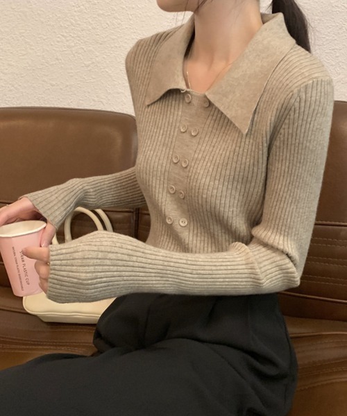 ECLIN(エクラン)の「ダブルボタンポロニットプルオーバー(ニット/セーター・レディース・ブラウン/ベージュ/カーキ/ブラック/アイボリー/モカ・FREE)」の19枚目の写真