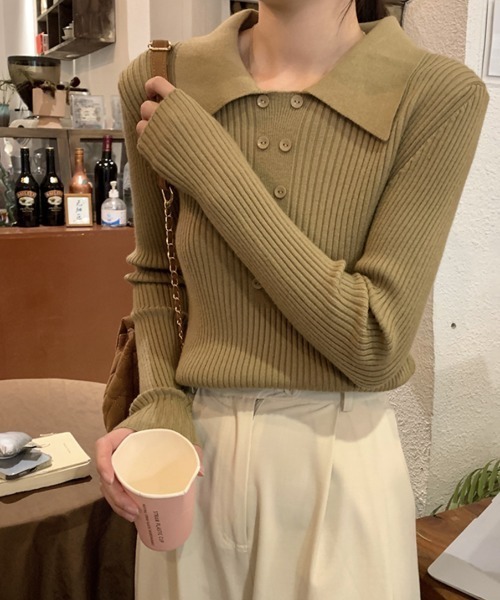 ECLIN(エクラン)の「ダブルボタンポロニットプルオーバー(ニット/セーター・レディース・ブラウン/ベージュ/カーキ/ブラック/アイボリー/モカ・FREE)」の22枚目の写真