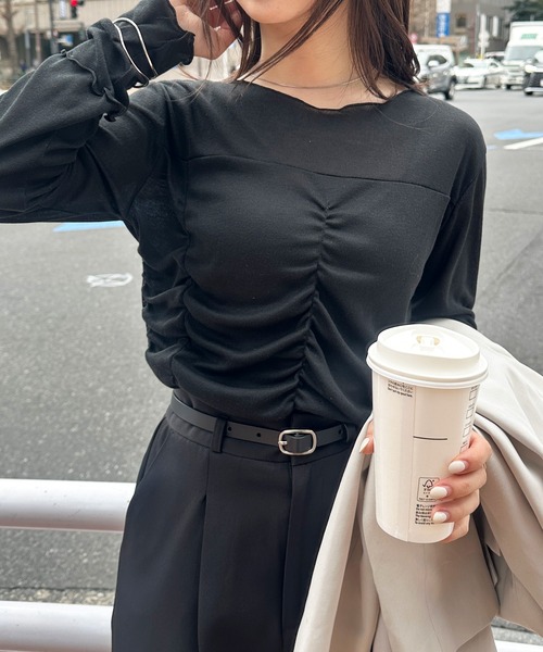 RANAN(ラナン)の「大人可愛い春の万能アイテム。シャーリングシアーメロウトップス(長袖)(Tシャツ/カットソー・レディース・ホワイト/イエロー/グレー/ブラック・M/L/LL)」の2枚目の写真