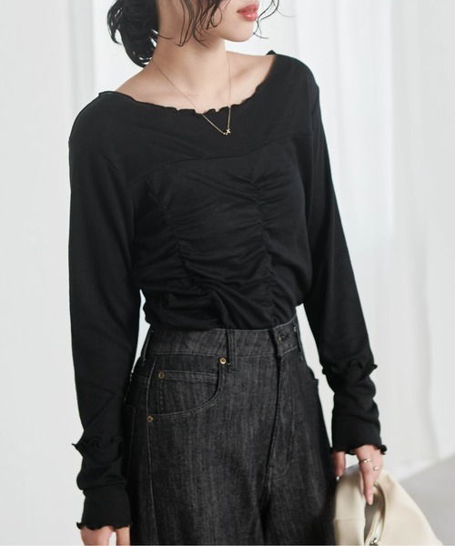 RANAN(ラナン)の「大人可愛い春の万能アイテム。シャーリングシアーメロウトップス(長袖)(Tシャツ/カットソー・レディース・ホワイト/イエロー/グレー/ブラック・M/L/LL)」の18枚目の写真