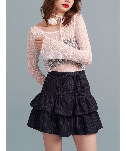 jouetie 新品未使用 タグ付 ミニスカート 今季新作 ウエストゴム 黒 セール】レースアップティアードミニスカパン【セットアップ対応】卒業